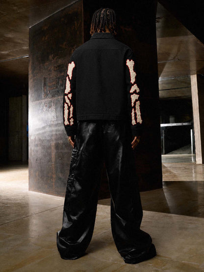 Skull Terry Embroidered Distressed Cropped Work Jacket