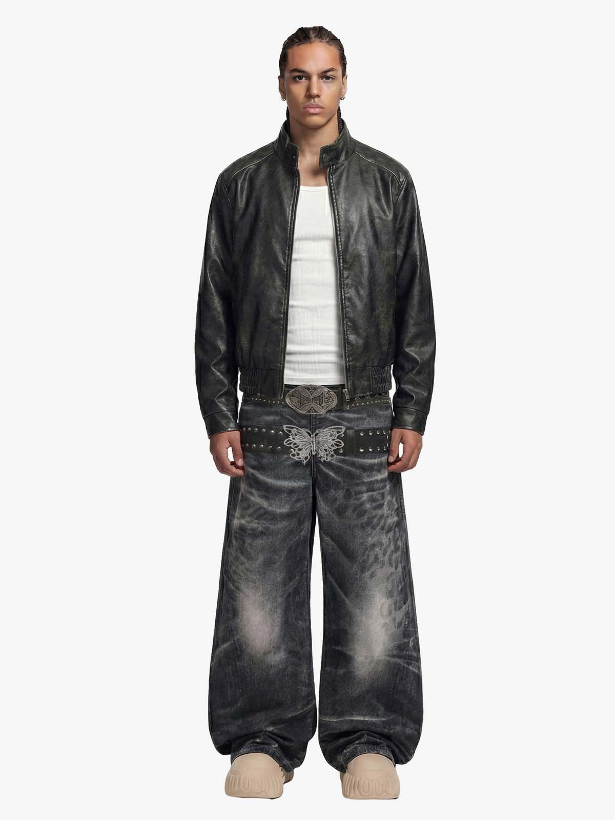 Retro Leather Stand-Collar Elastic Hem Jacket 