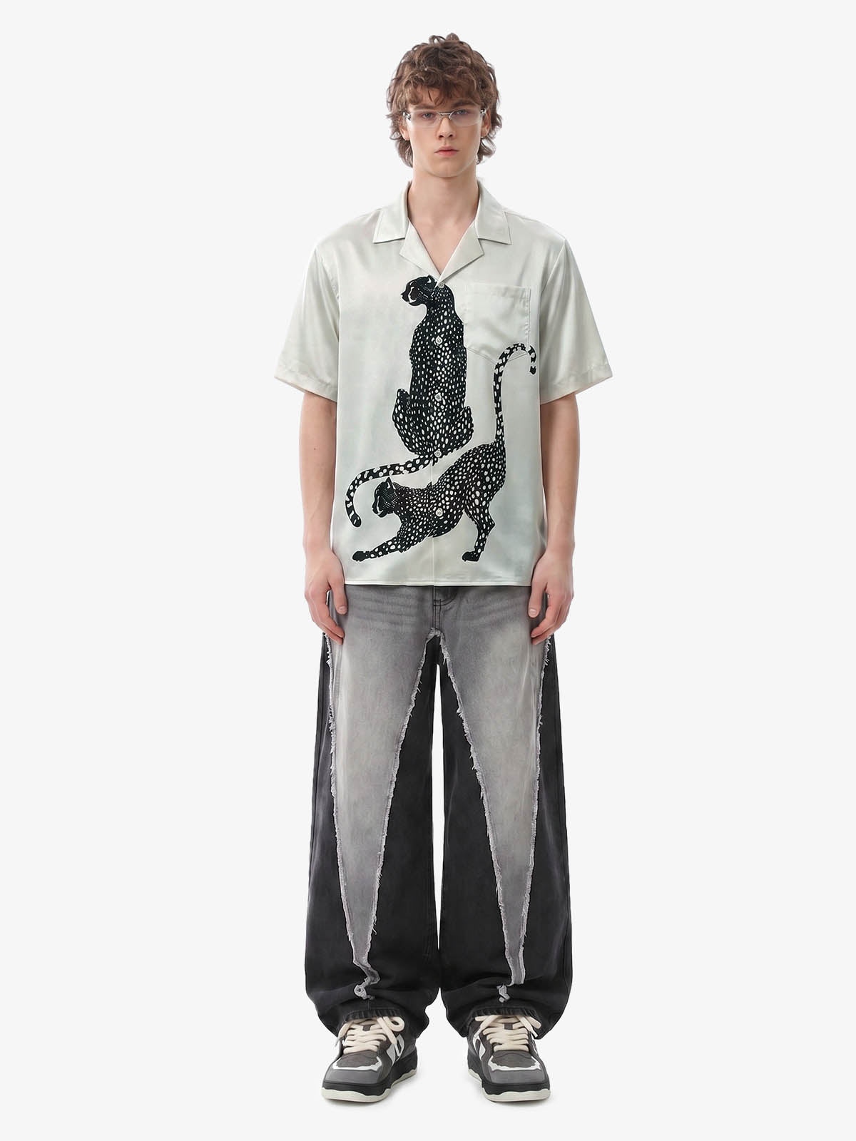 Double Cheetah Graphic Satin Cuban Shirt 