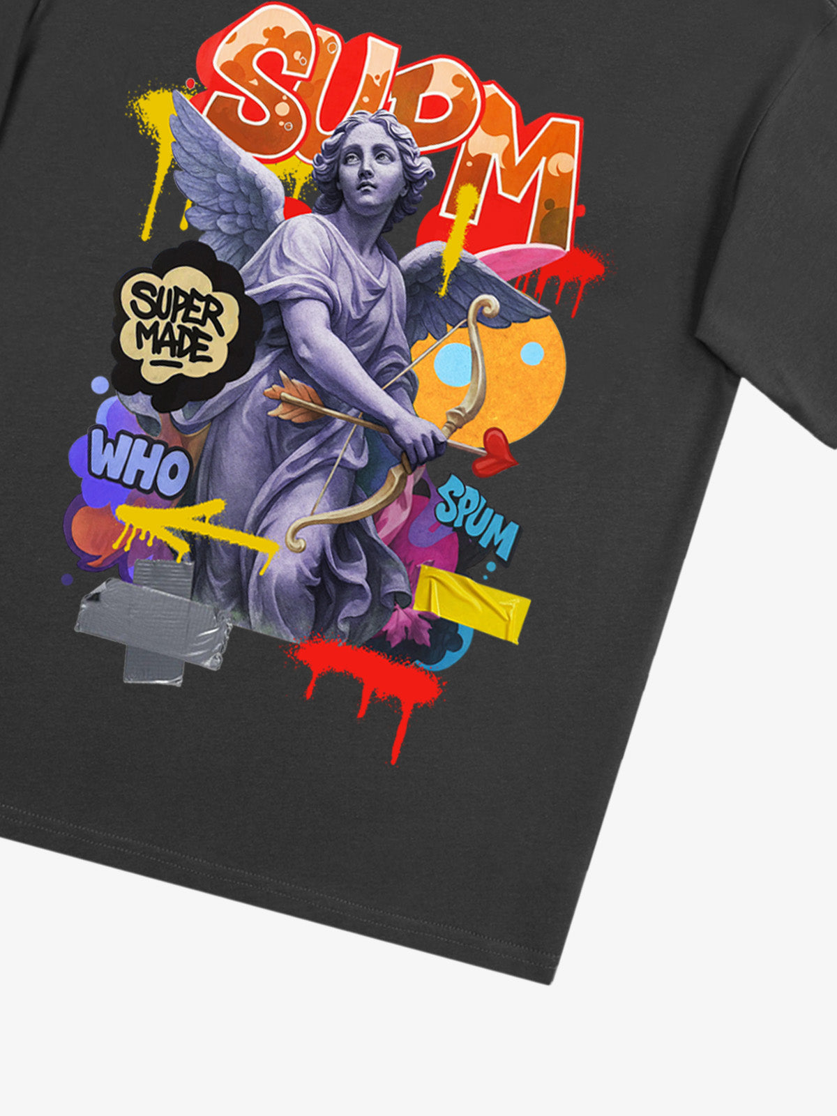 Angel statue and street graffiti mixed pattern T-shirt 
