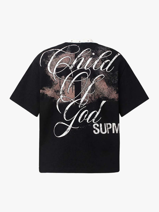 Cotton Blend Oversized Graphic T-Shirt with Cross Print and Embellished Collar 