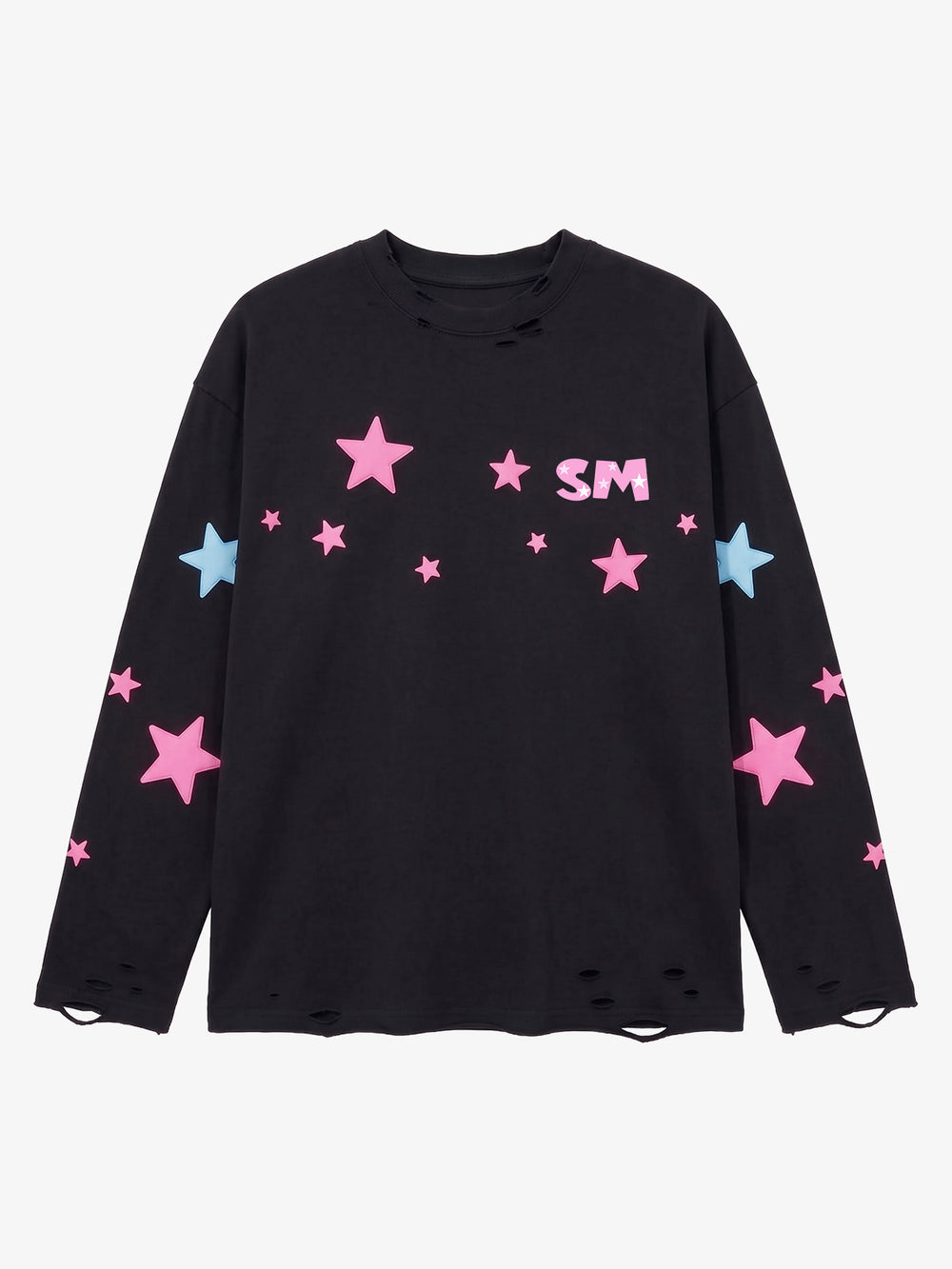 Star Foam Graphic Ripped Color Block Long Sleeve Tee