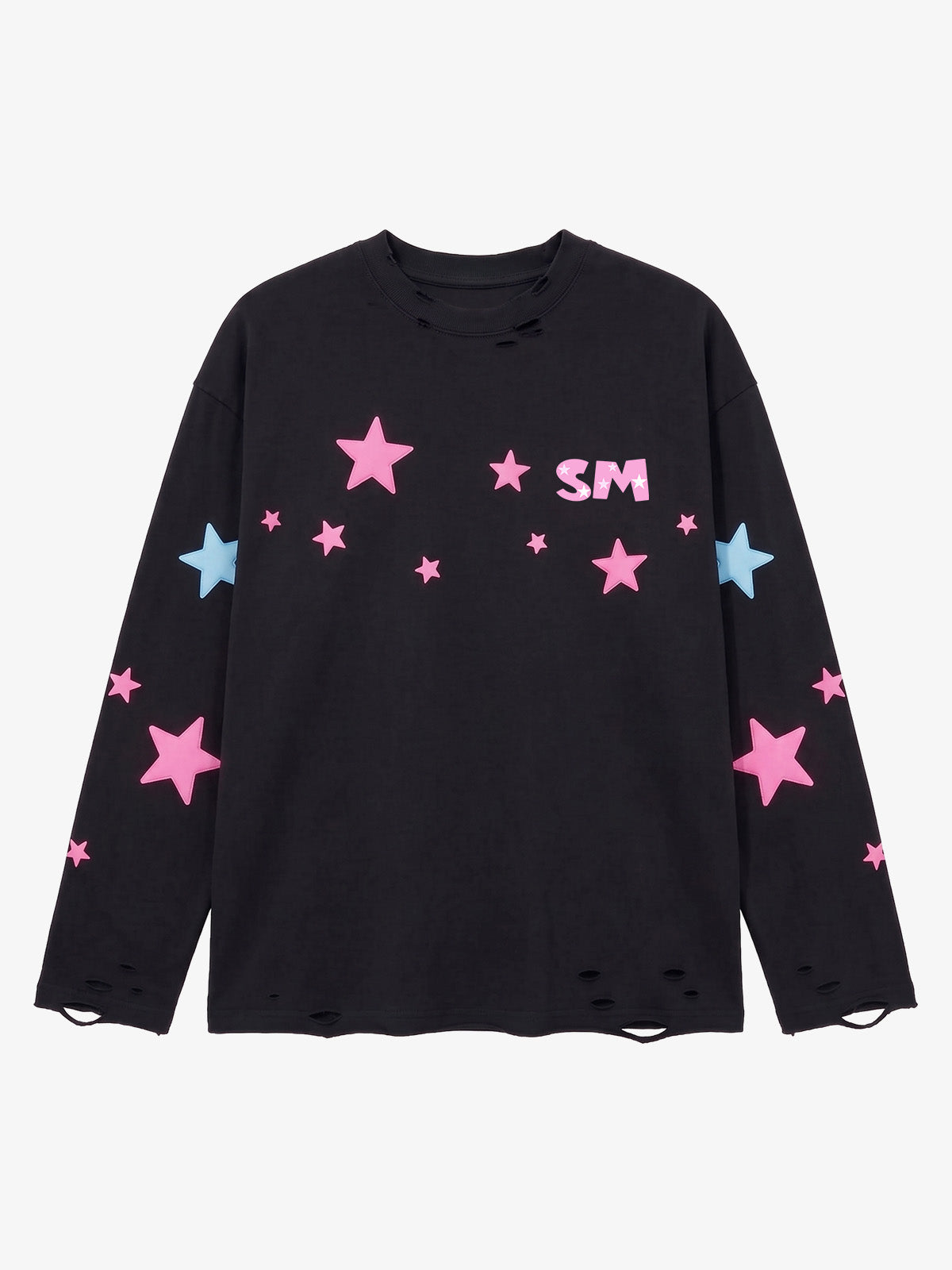 Star Foam Graphic Ripped Color Block Long Sleeve Tee