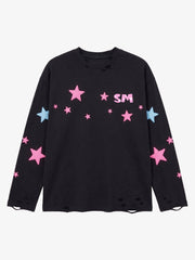 Star Foam Graphic Ripped Color Block Long Sleeve Tee