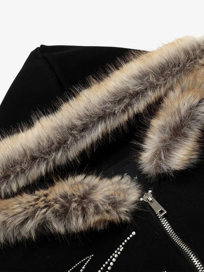Stylish Faux Fur Trim Hooded Jacket with Sparkling Embellishments 