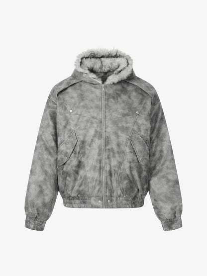 Stylish Tie-Dye Bomber Jacket with Faux Fur Hood for Winter and Fall 