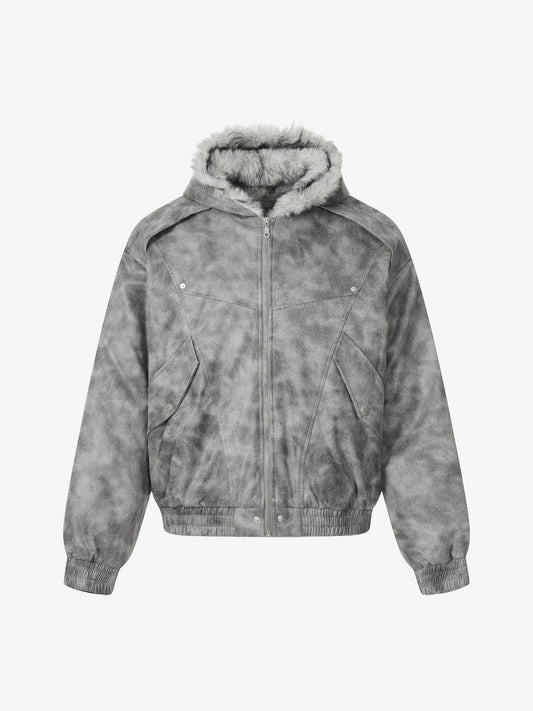 Stylish Tie-Dye Bomber Jacket with Faux Fur Hood for Winter and Fall 
