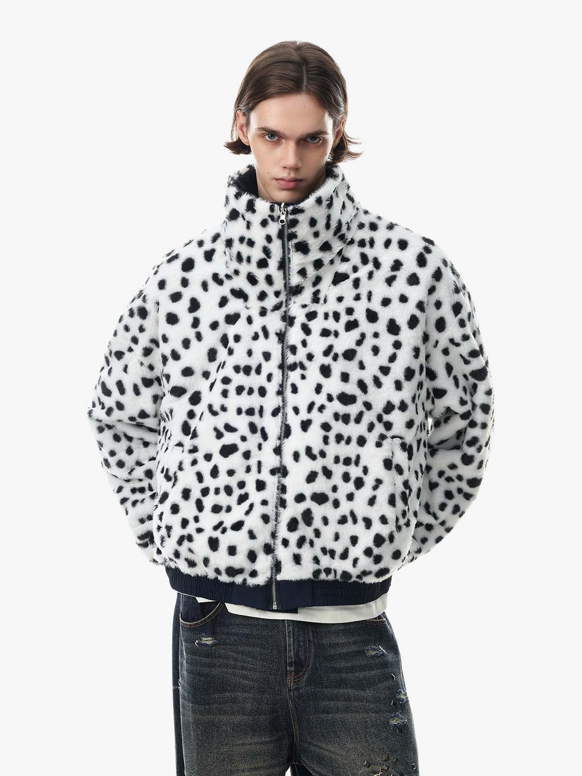 Reversible Spotted Leopard Stand-Collar Fleece Coat