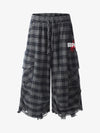 Cotton Plaid Wide Leg Culottes with Frayed Hem and Cargo Pockets 