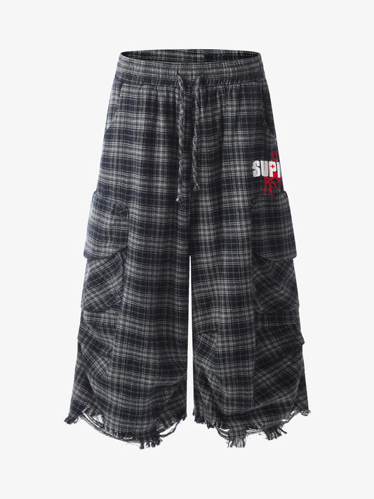Cotton Plaid Wide Leg Culottes with Frayed Hem and Cargo Pockets 