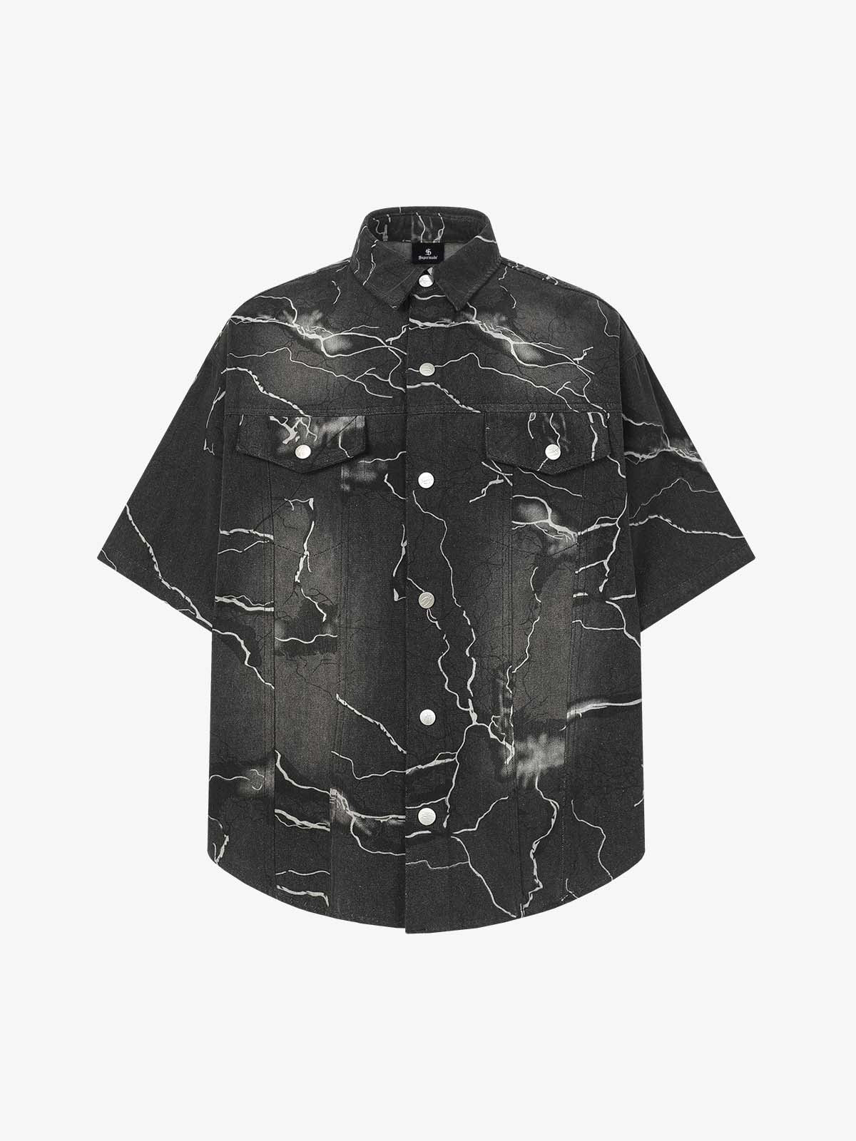 Vintage Lightning Bolt Graphic Denim Short Sleeve Shirt 