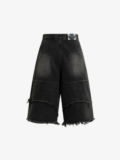 Frayed Layered Paneled Denim Jorts