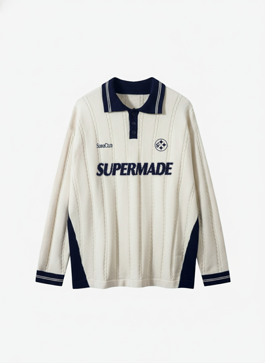 Retro College Polo Collar Knit Sweater 