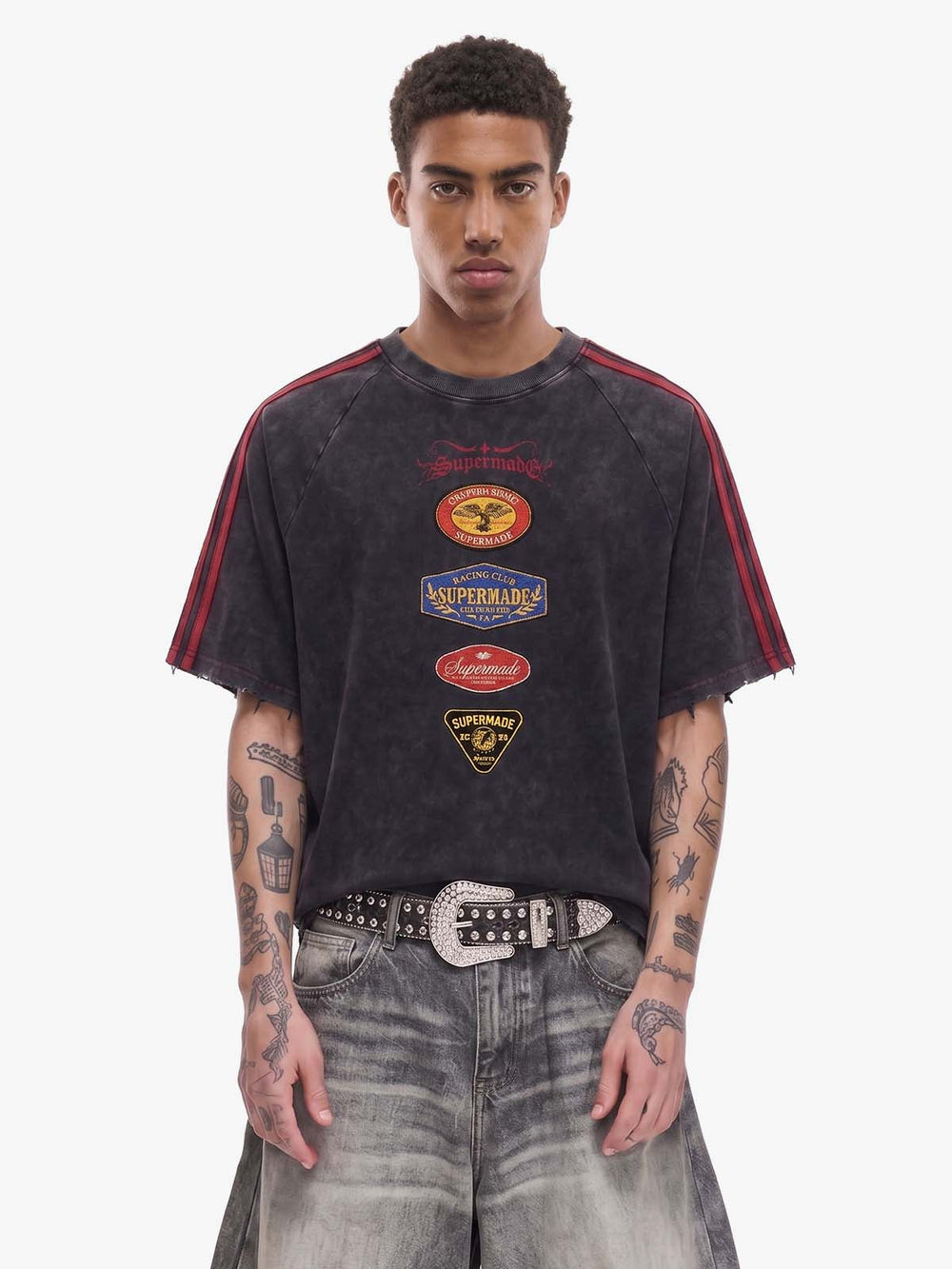Washed Moto Graphic Distressed Raglan T-Shirt 