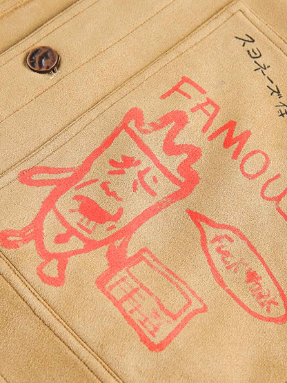 Suede Retro Graffiti Multi-Pocket Workwear Jacket 