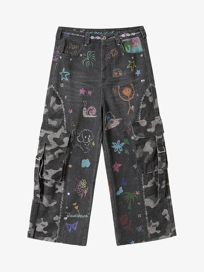 Graffiti Print Cold Transfer Camouflage Layered Cargo Jeans 