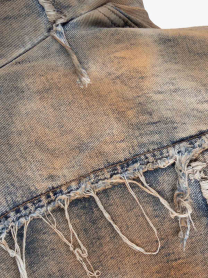 Distressed Mud-Dyed Frayed Edge Denim Bomber Jacket 
