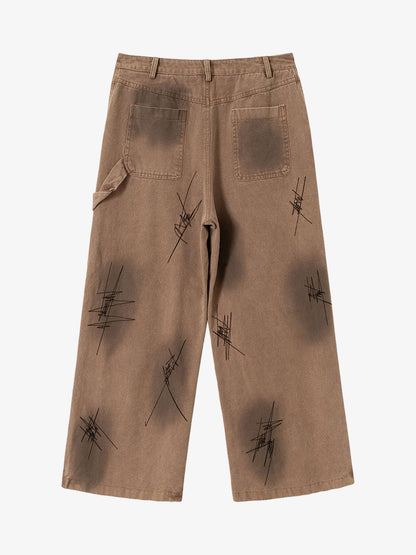 Scratched Patchwork Distressed Embroidered Work Jeans 