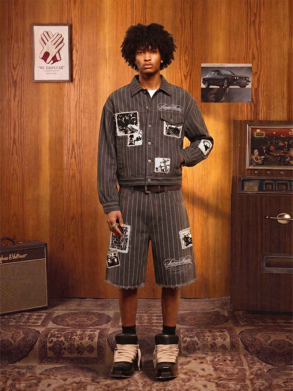 Vintage Pinstripe Patchwork Baggy Denim Set 