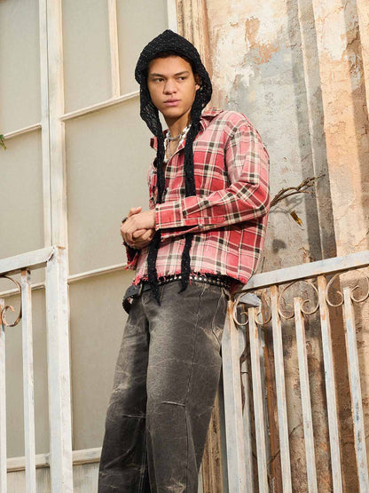 Cotton Plaid Shirt with Paint Splatter Design, Distressed Hem and Pockets, Casual Men's Long Sleeve Button-Up Jacket 