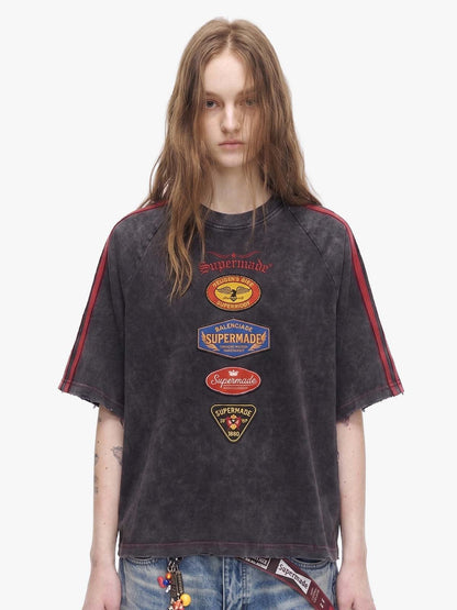 Washed Moto Graphic Distressed Raglan T-Shirt 