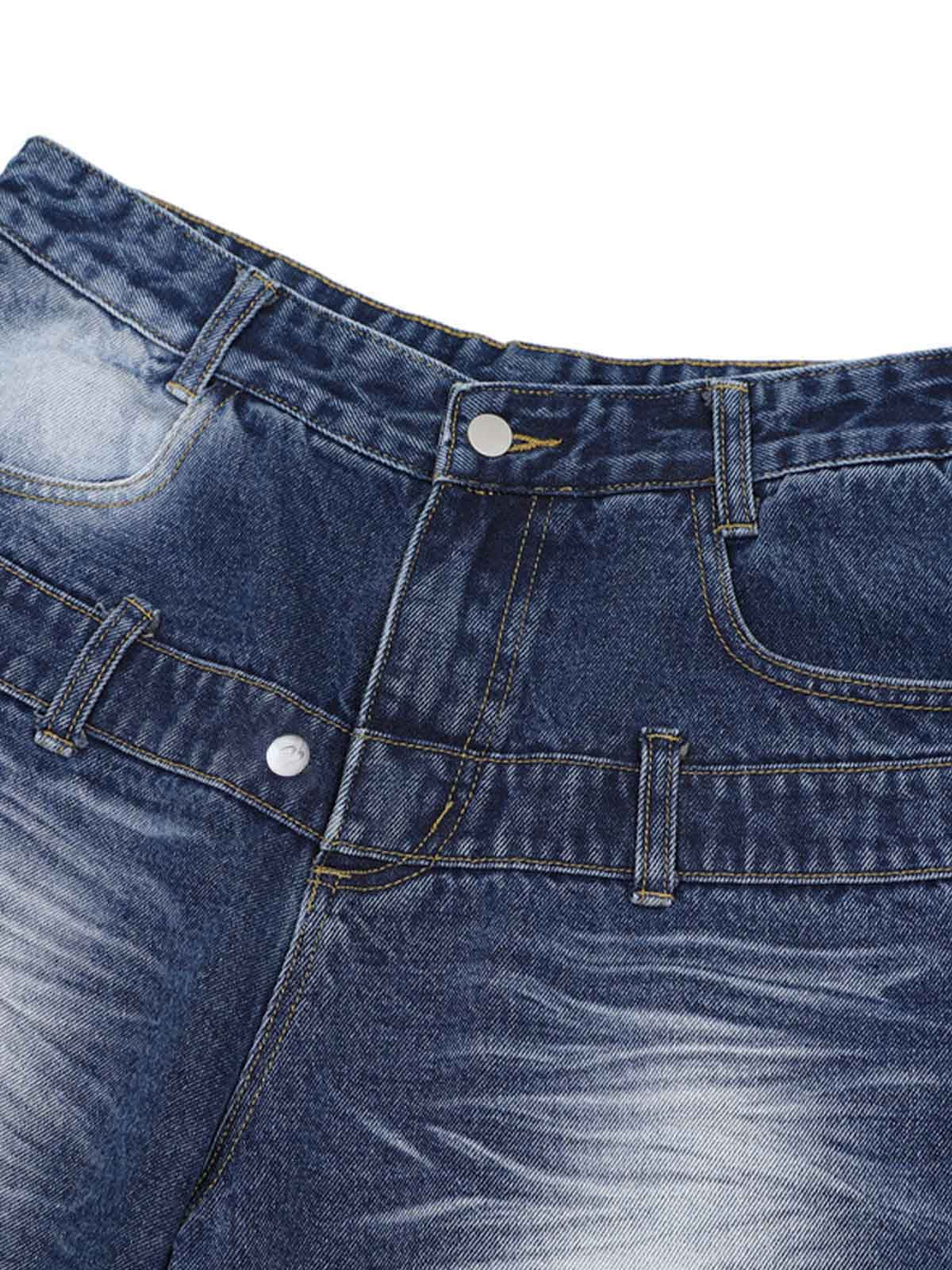 Distressed Washed Workwear Denim Shirt And Jorts Set 