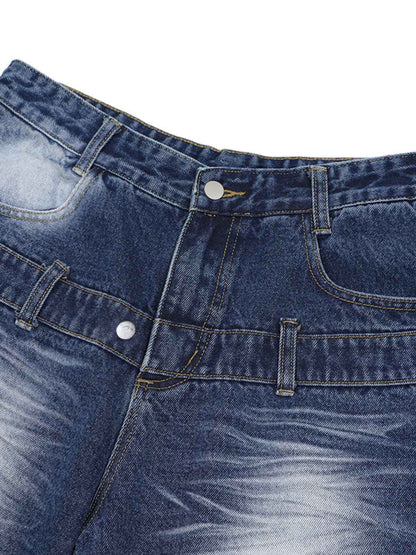 Distressed Washed Workwear Denim Shirt And Jorts Set 