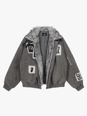 Faux Fur Collar Patchwork Embroidered Quilted Jacket