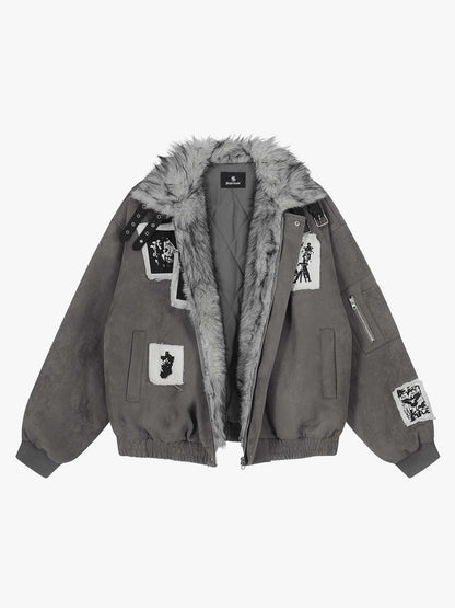 Faux Fur Collar Patchwork Embroidered Quilted Jacket