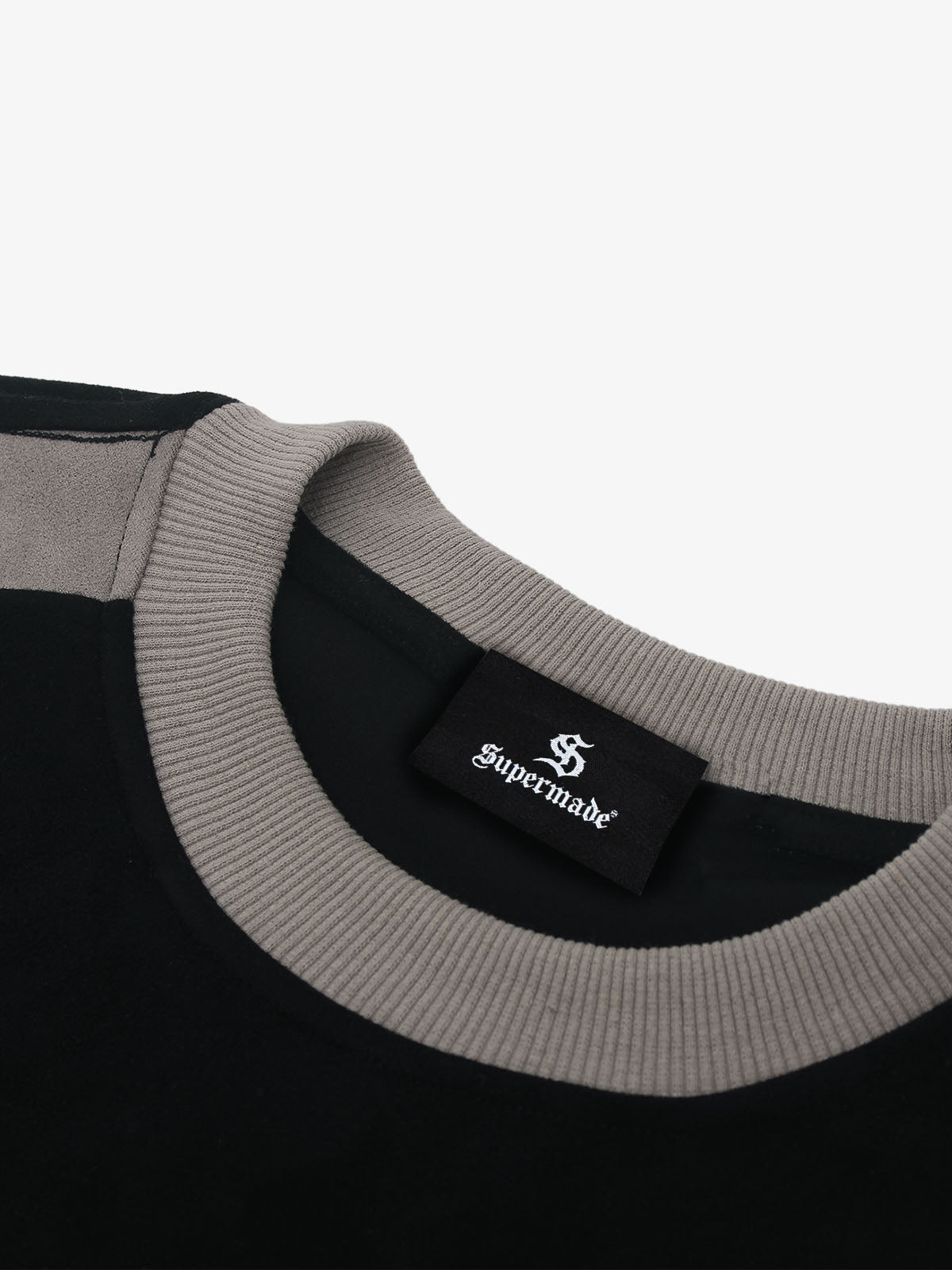Faux Suede Paneled Embroidered Long Sleeve Tee