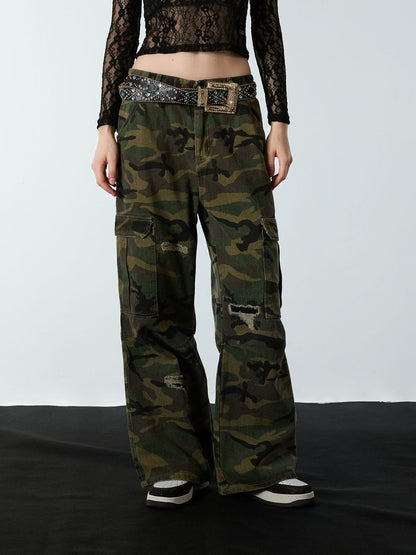 Woven Ripped Camouflage Flared Cargo Pants - 2410 
