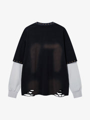 Flame Graphic Studded Distressed Patchwork Long Sleeve Tee
