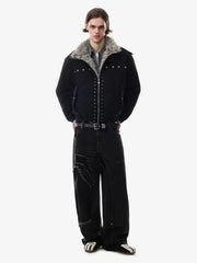 Studded Faux-Fur Collar Bomber Coat