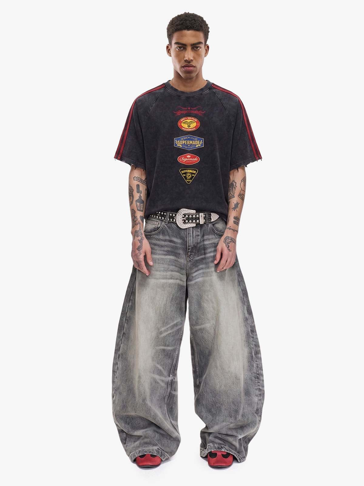 Washed Moto Graphic Distressed Raglan T-Shirt 