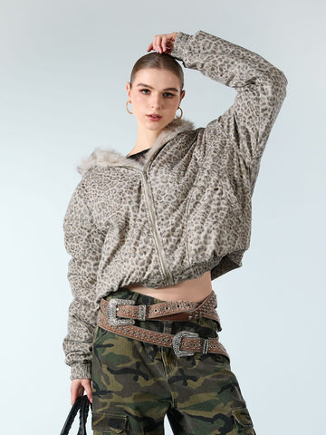 Cotton Cheetah Print Mink Fur Hooded Jacket - 2270 