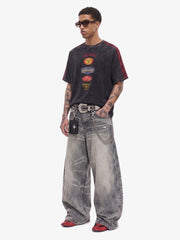Washed Moto Graphic Distressed Raglan T-Shirt 