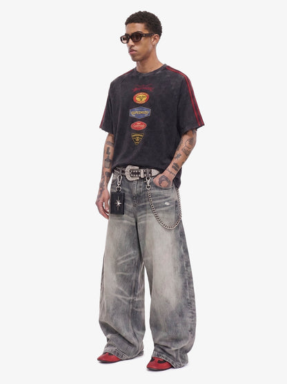Washed Moto Graphic Distressed Raglan T-Shirt 