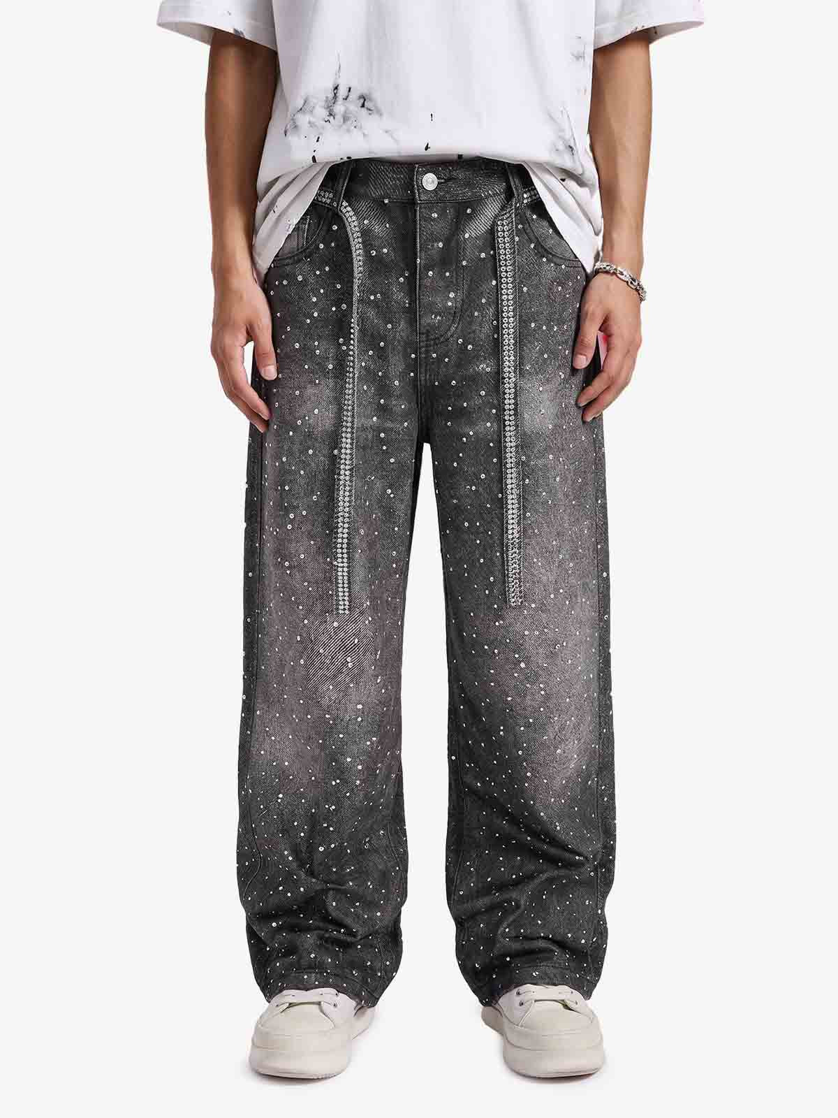 Denim Distressed Belt Diamond Decorated Jeans
