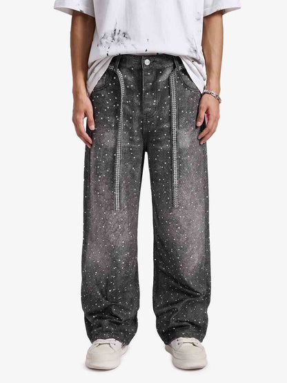 Denim Distressed Belt Diamond Decorated Jeans 