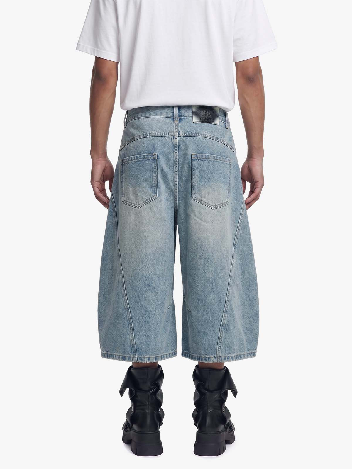 Curved Silhouette 3D Paneled Denim Shorts 