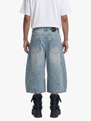 Curved Silhouette 3D Paneled Denim Shorts 