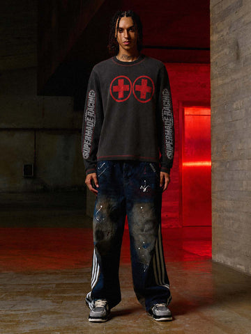 Gear Graphic Color Block Washed Waffle Long Sleeve Tee