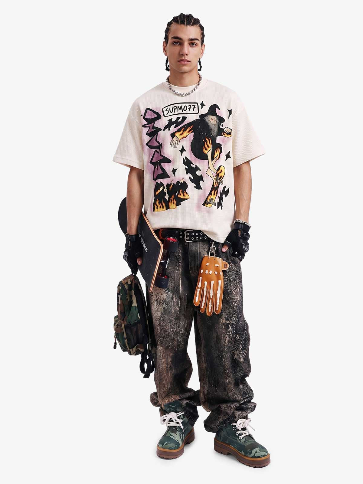 Waffle Knit Skate Wizard Flame Graphic T-Shirt 