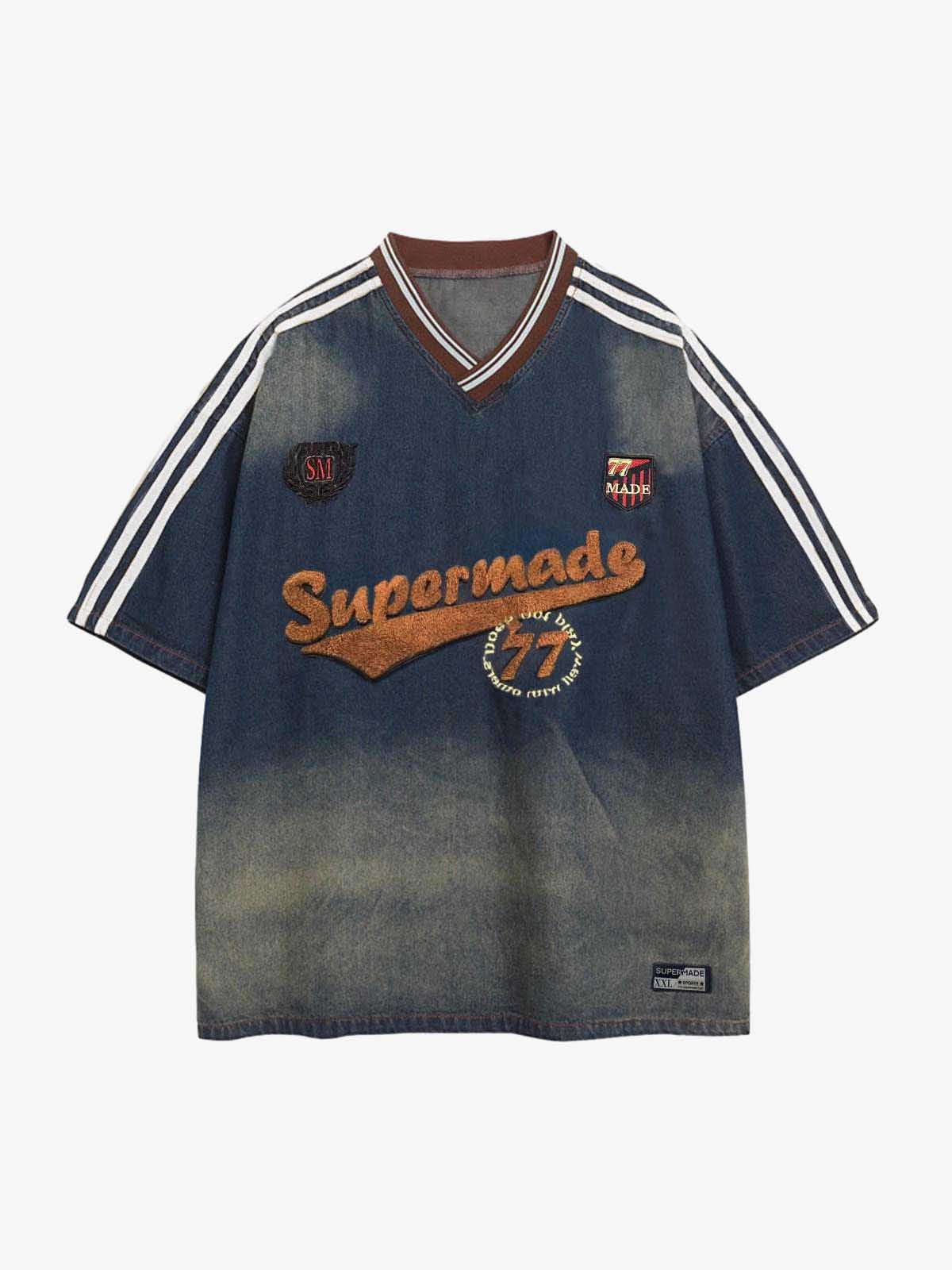 Denim Vintage Washed Distressed Gradient Embroidery T-Shirt 