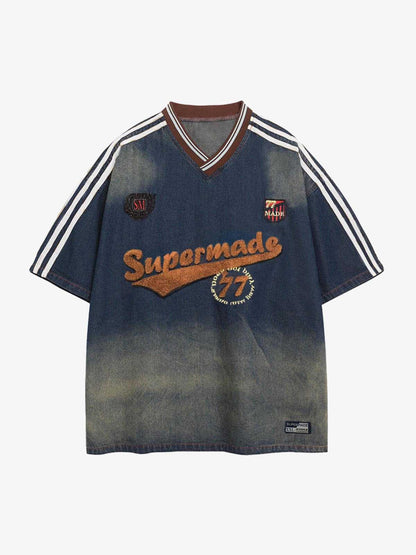 Denim Vintage Washed Distressed Gradient Embroidery T-Shirt 