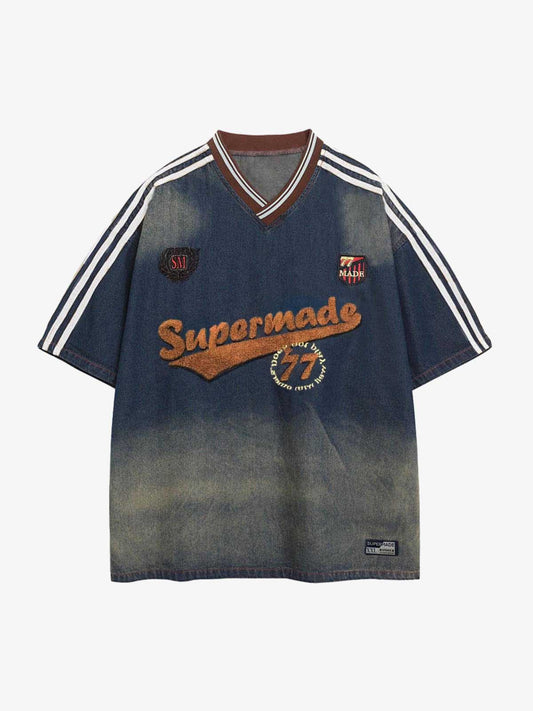 Denim Vintage Washed Distressed Gradient Embroidery T-Shirt 