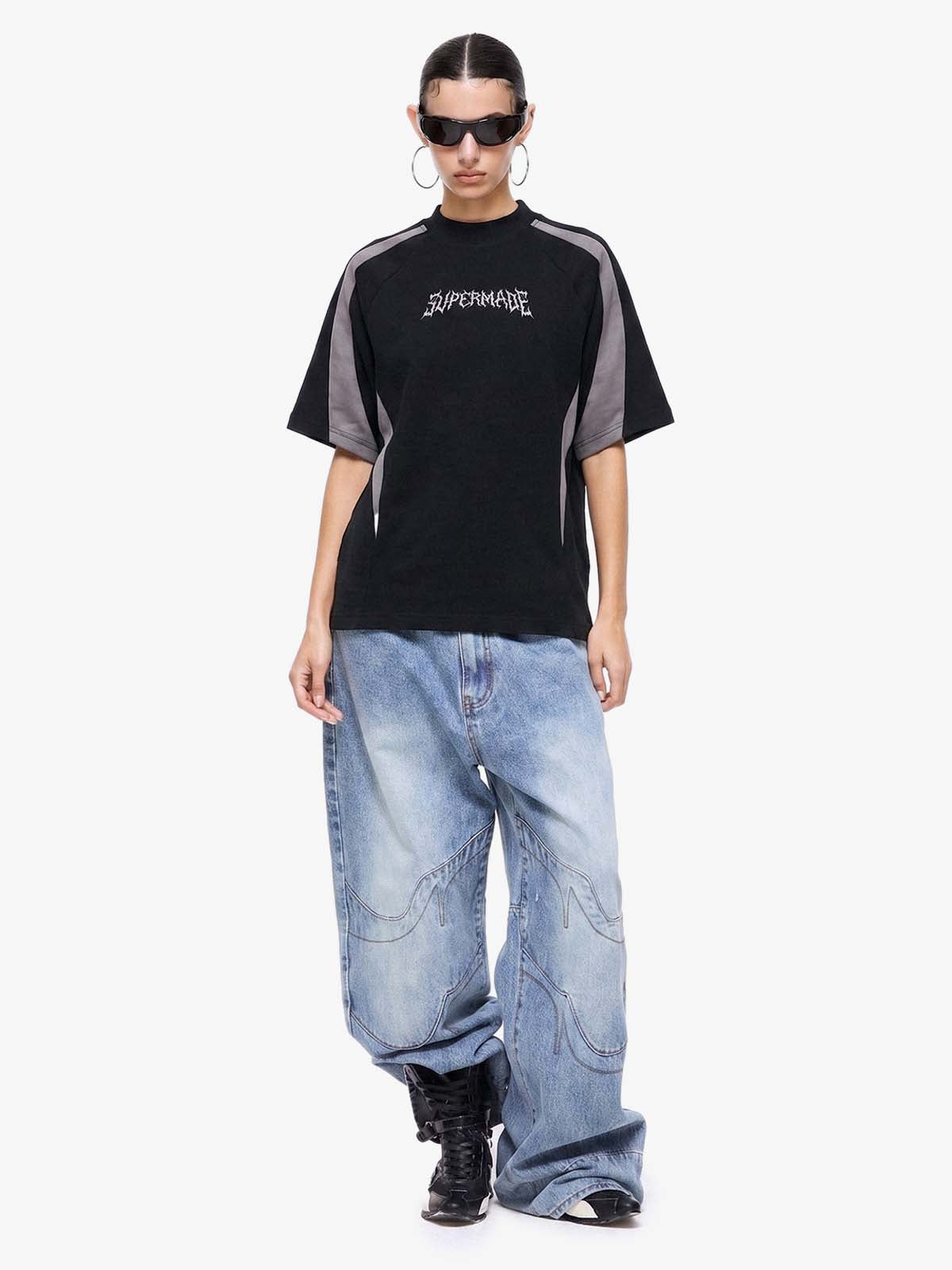Suede Panel Embroidered Logo Short Sleeve T-Shirt 