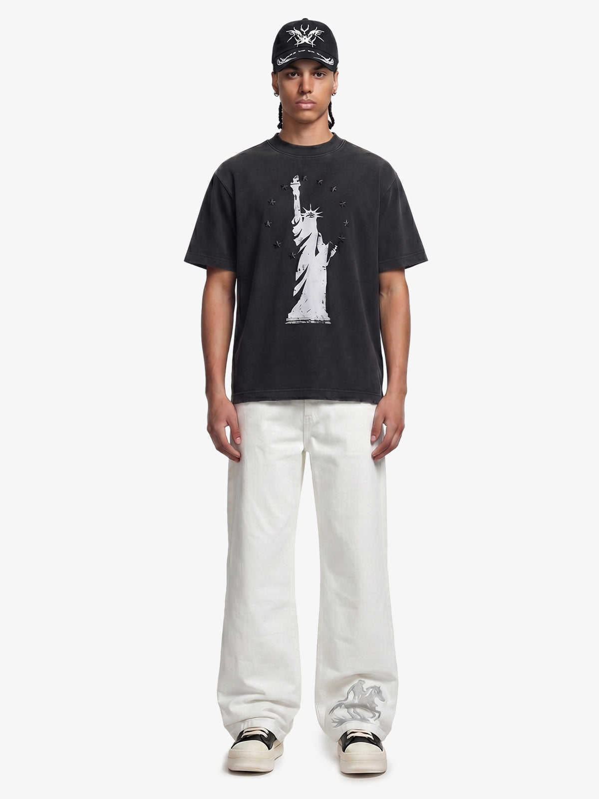 Embroidered Horse Wide Leg Denim Flare Jeans 