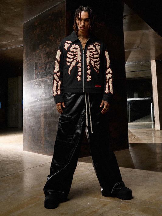Skull Terry Embroidered Distressed Cropped Work Jacket