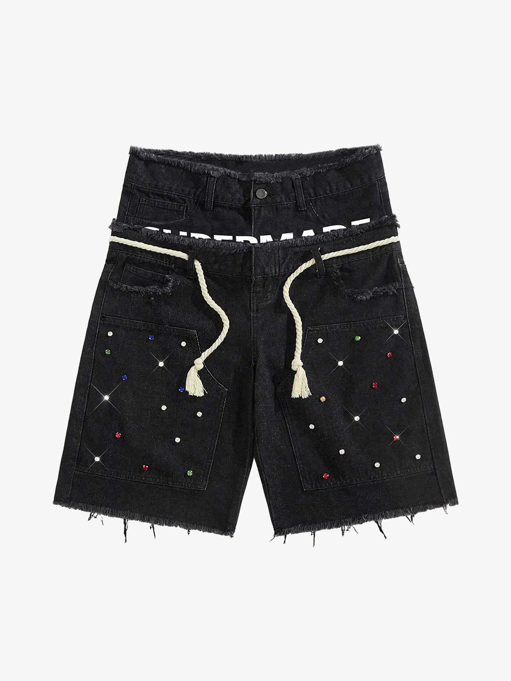 Rhinestone Letter Graphic Drawstring Denim Shorts